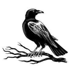 Crow bird sitting on a tree branch. Hand drawn retro styled black and white illustration - 770599959