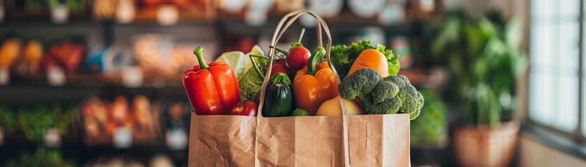 A paper grocery bag overflowing with a variety of fresh vegetables and fruits colorful produce. - obrazy, fototapety, plakaty