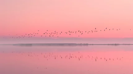 Foto op Plexiglas A flock of migratory birds flying in formation over a calm pristine wetland at dawn. © Martin