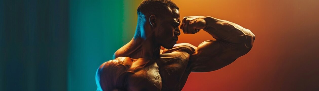 A muscular man in a powerful pose flexing his well-defined muscles under dramatic lighting