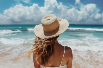 Fototapeta na wymiar A stylish woman wearing a summer hat stands gracefully on a sandy beach
