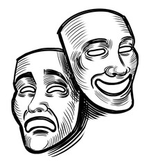 Theatrical masks. Hand drawn retro styled black and white illustration - 770600127