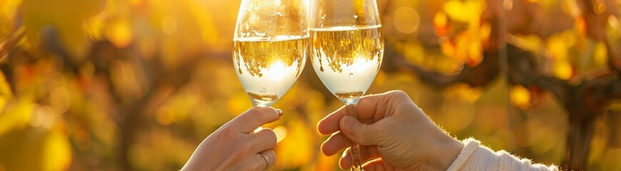 A Two people clink glasses of white wine in an autumn vineyard, celebrating the season's harvest against a backdrop of golden sunlight.