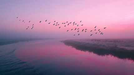 A flock of migratory birds flying in formation over a calm pristine wetland at dawn.
