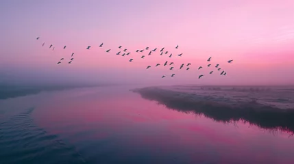 Fototapeten A flock of migratory birds flying in formation over a calm pristine wetland at dawn. © Martin