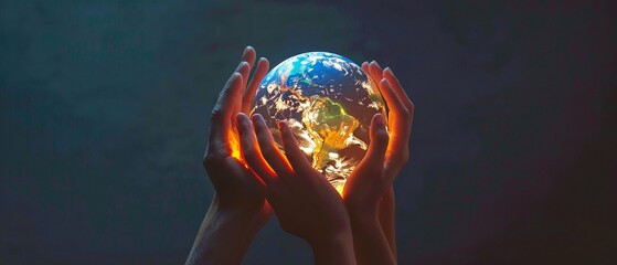 An inspirational concept depicting multiple hands holding up an illuminated globe against a dark background symbolizing unity