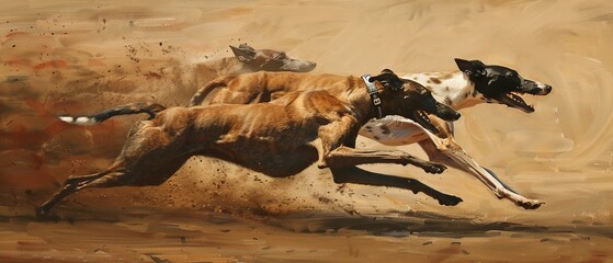 An Intense race of greyhounds captured in full sprint