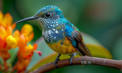 Fototapeta premium A blue and yellow bird is perched on a branch. The bird is surrounded by orange flowers, which give the scene a warm and vibrant atmosphere