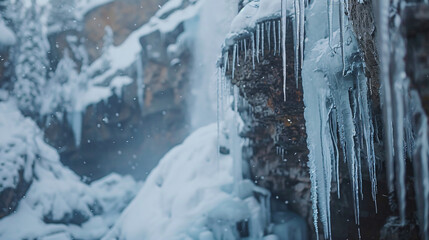 A frozen waterfall in winter icicles hanging from the cliff edge surrounded by snow.