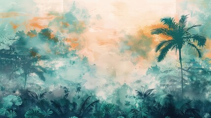 Fototapeta na wymiar Wallpaper in watercolor style. Jungle landscape.