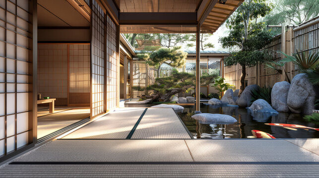 Contemporary Japanese hallway with tatami mats, sliding doors, and a tranquil view of a koi pond with vibrant fishes