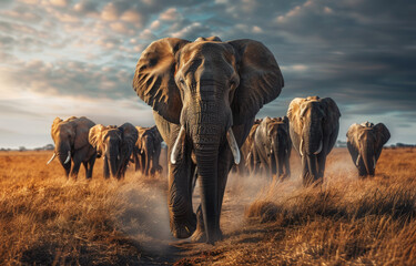 A herd of elephants walking across the savannah