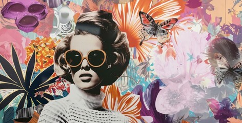 A stylish retro woman with sunglasses and big hair poses against a vibrant collage background. Retro fashion, Vintage style, Collage concept