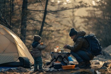Father and son sharing a meal by the campsite on a crisp morning, with golden sunlight streaming through trees