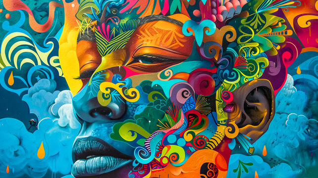 Vibrant street art mural of abstract faces