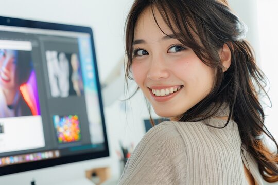 在宅でWebデザインなどクリエイティブなリモートワークをする日本人女性