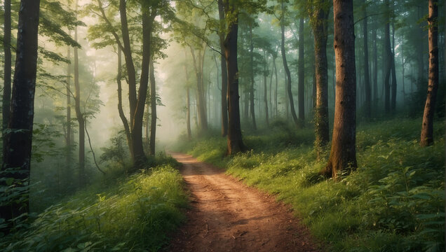 A photo of a winding forest path with trees and sunlight shining through the trees.


