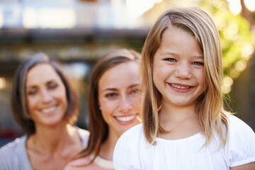 Obraz premium Smile, family and portrait of woman, generation and mother with children in home. Face, happy and girl child with senior grandmother and mom, parents and support or love for bonding in summer