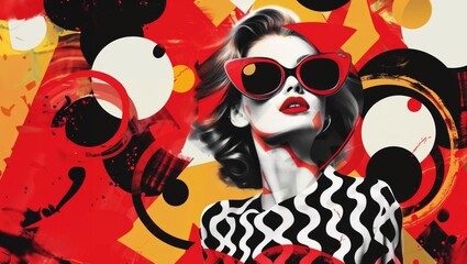 A stylish retro woman wearing sunglasses with a collage. Vintage fashion, Cool style, Retro vibes concept