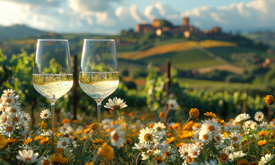 Naklejka premium Two wine glasses are placed in a field of flowers. The scene is serene and peaceful, with the wine glasses