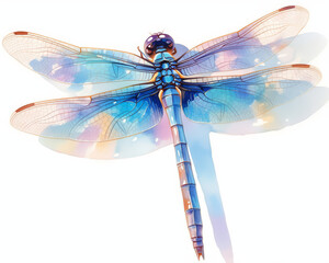 A single, delicate pastel watercolor dragonfly, wings shimmering with hand-drawn detail, isolated on a white canvas