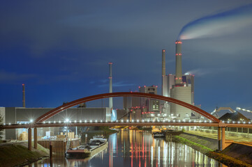 Evening View of a modern Coal Plant in Mannheim, Germany - obrazy, fototapety, plakaty