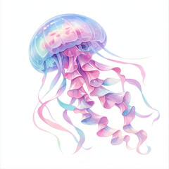 Fototapeta premium Clipart of a pastel, watercolor jellyfish, hand-drawn with ethereal tentacles floating serenely, isolated on white background