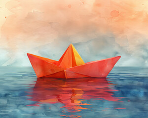 Clipart of a pastel, watercolor paper boat, hand-drawn as it embarks on a journey down a river of dreams, isolated on white