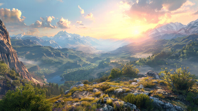 As the sun rises above the mountain horizon, its warm rays illuminate the tranquil summer landscape, casting a soft glow over the rugged terrain. 