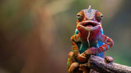 chameleon with colors standing on a branch - obrazy, fototapety, plakaty