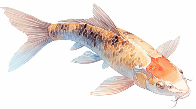 Pastel watercolor clipart of a serene, hand-drawn koi fish, its scales a mosaic of soft hues, gliding through tranquil waters, isolated on white