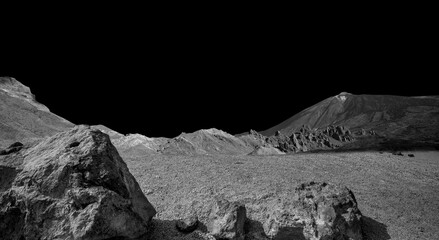 Moon background landscape with desert, stone and black sky