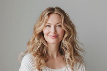 Fototapeta premium Elegant lady with curled blonde locks and a serene expression, wearing a white top, embodying grace and simplicity.