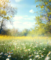 Fototapeta premium Beautiful blurred spring background nature with blooming glade chamomile, trees and blue sky on a sunny day