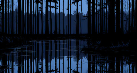 a dark forest and lake at night with some trees