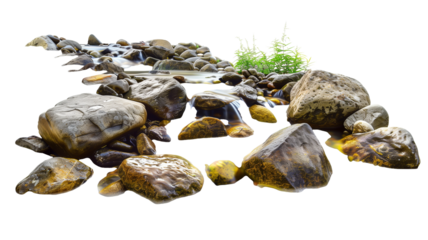 A clear jungle stream winding through rocks isolated on transparent background