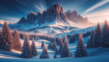 A snowy landscape with a mountain in the background