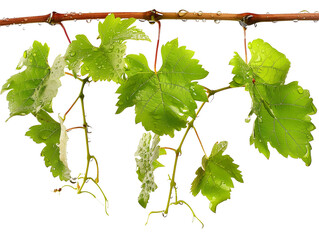 Grape leaves vine branch with tendrils and young leaves after rain in vineyard, green leaves vine...