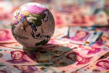 Fototapeta na wymiar Sunset hues bathe a globe focused on China, surrounded by devaluing Yuan notes and downward arrows, symbolizing economic descent