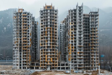 A stark, half-constructed apartment complex stands under a hazy sky in China, embodying the abrupt pause in real estate development. - obrazy, fototapety, plakaty