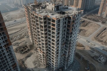A stark, half-constructed apartment complex stands under a hazy sky in China, embodying the abrupt pause in real estate development. - obrazy, fototapety, plakaty