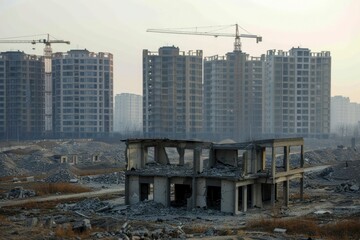 Dawn lights up a desolate abandoned housing project in China, with skeletal buildings and dormant cranes overshadowing a silent testimony to a real estate crisis
