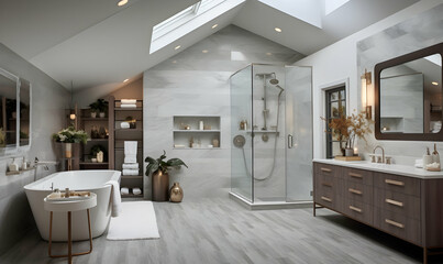 3d render of modern bathroom interior design with shower and toilet - obrazy, fototapety, plakaty