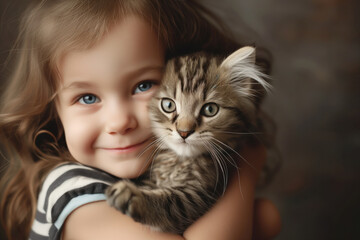 Little beautiful girl smiles hugs cute kitten in hands at home AI Generative