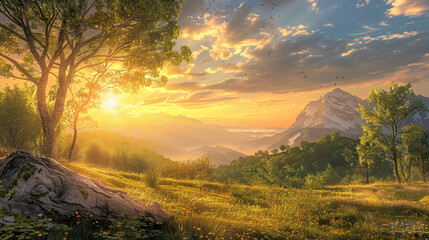 As the sun rises over the horizon, its golden rays bathe the mountain landscape in a warm, ethereal glow, signaling the arrival of a new day in the heart of summer. 