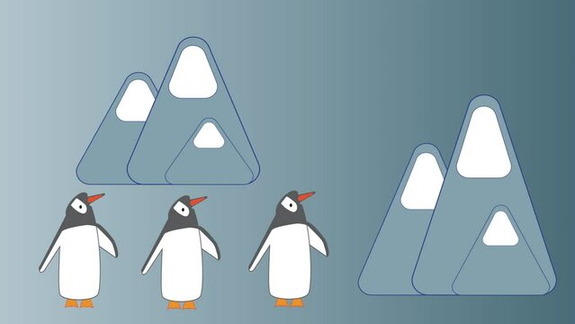 Three penguins among mountains covered with snow animation.