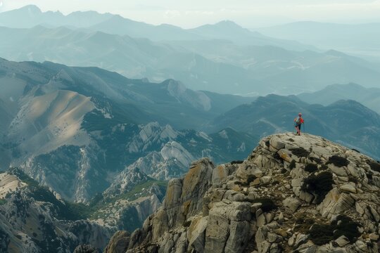 hiker standing on mountain ridge with two countries below