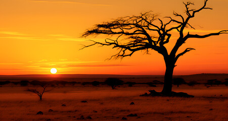 silhouette of a single tree with the sun setting
