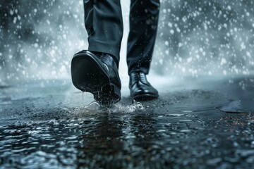 wet shoes of a businessman as he walks in a storm