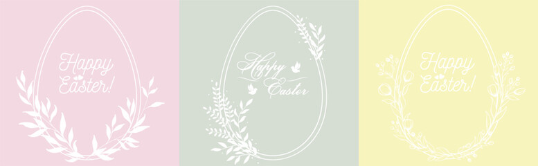 Three egg-shaped frames decorated with branches with leaves and flowers. Pink, green and yellow holiday cards with white floral frames. Happy Easter. Vector drawing. Template for greeting card.